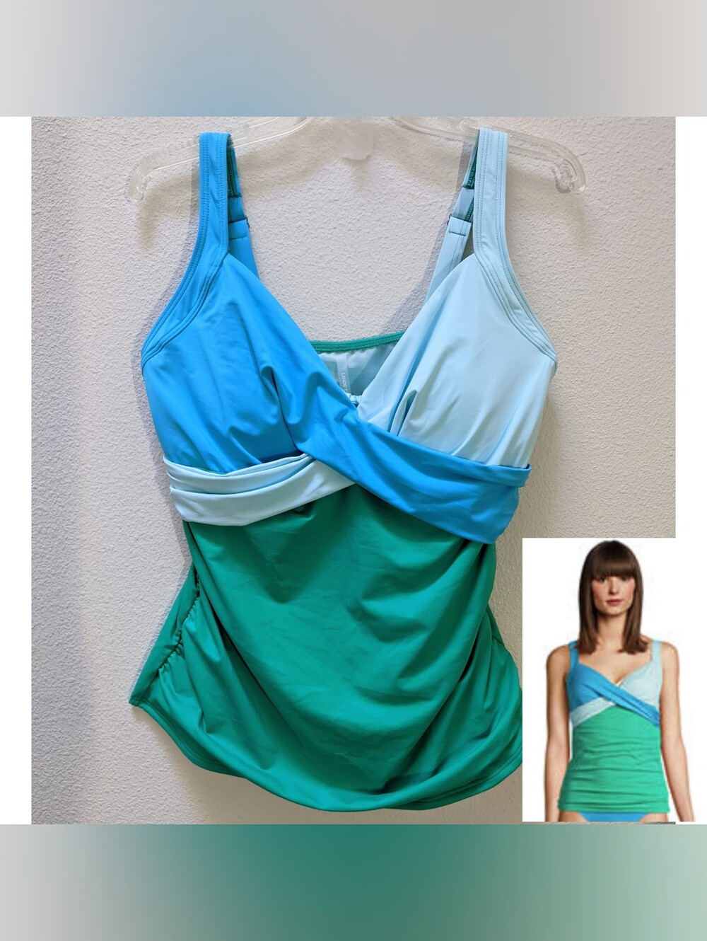 Land's End retro aqua Tankini swimsuit wrap top underwire size 14 DD NWT
